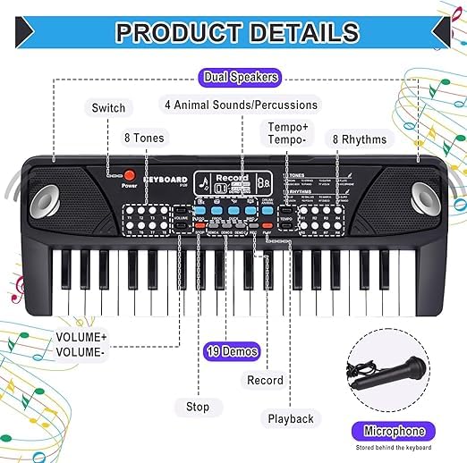 Image of amisha Gift Gallery 37 Key Piano Keyboard Toy for Kids, Multi Color | with mic, dc Power Option, Recording, Charger not Included, 2019 Model