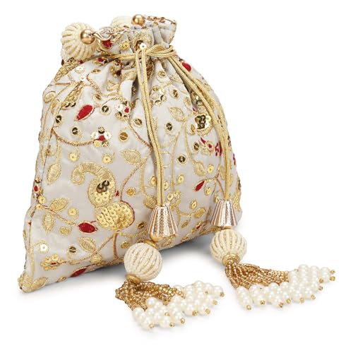 Image of LONGING TO BUY Indian Embroidered Pearl Potli Bag For Women, Sequence Design with Tassel, Wedding Potli Bags