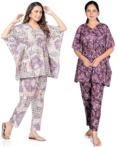 Image of Vlazom Women's 100% Cotton Printed Kaftan & Pyjama Set - Combo Pack of 2 | Free Size Nightwear with Pocket | Soft Cotton Loungewear Co-ord for Women