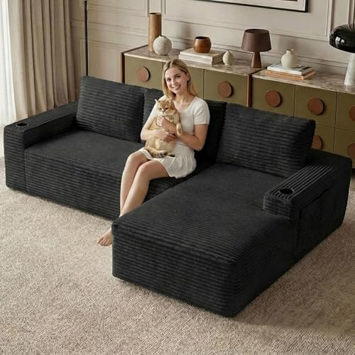 Image of 104.3 inch Modular Sectional Sofa,Modern Corduroy Cloud Couch with Cup Holder & Side Pockets,Boneless Couch Upholstered 4-Seater L-Shaped Sofa for Living Room,No Assembly (Black, Right-Facing Chaise) | with Cup Holder