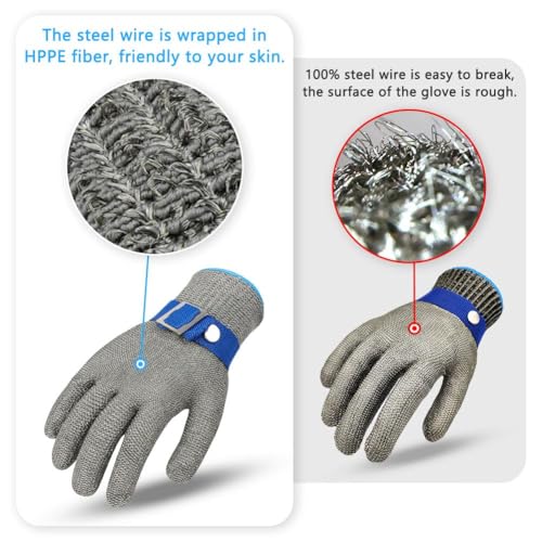 Miniatura 4 de Flintronic Guantes Anticorte Nivel 9, Guantes Trabajo Malla Acero, Guante Protección De Seguridad, Guante Carnicero, Viene Con 2 Manos De Nailon, Para Descascarar Ostras, Tallar Y Cortar Madera M