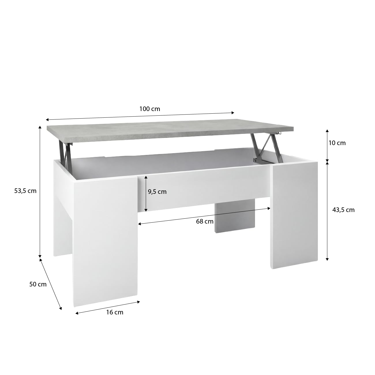 duehome | Mesa de Centro Elevable, Mesita de Salón o Comedor, Modelo Vita, Acabado en Color Blanco Artik y Cemento, Medidas: 100 cm (Largo) x 50 cm (Ancho) x 45-53 cm (Alto)