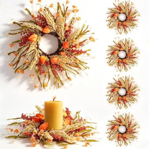 6 Pcs Fall Candle Rings 9 inch Thanksgiving Autumn Wreaths with Flowers for Tables Artificial Farmhouse Candle Rings Wreath for Front Door Porch Wall Window Decorations