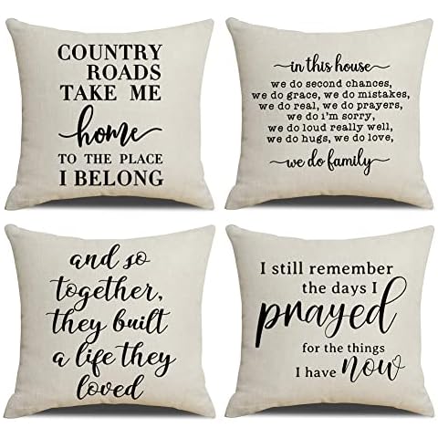 NYDECOR Farmhouse Pillow Covers Country Family Throw Pillow Case Together Prayed Home Pillowcase Quote Cushion Covers for Couch Sofa Cotton Linen 18x18 Set of 4 Housewarming Gifts Cover