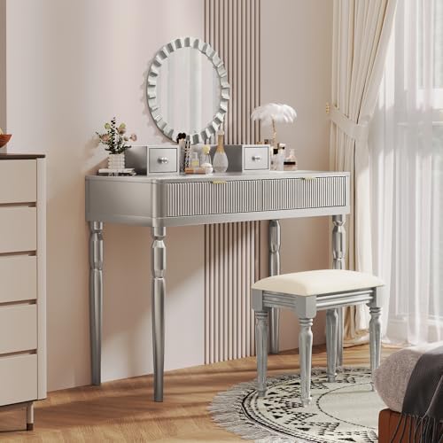Image of JIVOIT Vanity Desk with Round Mirror, Height-Adjustable, Luxury Vanity Set with Stool, Comfortable Seating, Stylish Dressing Table Set with 4 Drawers & Spacious Tabletop (Silver /268)