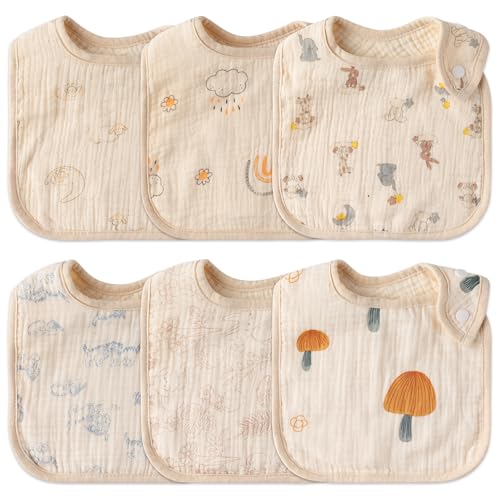 Image of Zainpe 6Pcs Snap Muslin Cotton Baby Bibs Rabbit Bear Sheep Pattern Bandana Drool Cloths Soft Absorbent Adjustable Burp Cloth Feeding Bib for Newborns Girls Boys Toddlers Teething Eating 0 to 36 Months