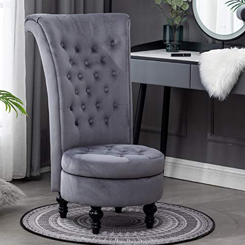 Velvet Makeup Vanity Chair with High Back, Storage Bench Bedroom Living Room Furniture Deco for Dressing Table 15.4 Inch Seat Height Grey