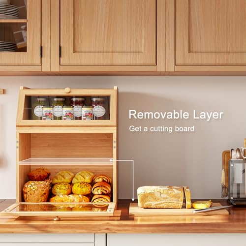 X-cosrack 3-Tier Extra Large Double Separable Bamboo Bread Box Storage with Clear Window and Adjustable Compartment for Kitchen Countertop,Natural - Image 3