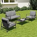 EAST OAK 4-Piece Patio Furniture Set with Thick Cushions, 2025 Coast Patio Conversation Set,4 Seats Waterproof Outdoor Patio Set with Rattan Armrests, Loveseat and Coffee Table for Backyard, Grey