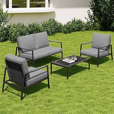 EAST OAK 4-Piece Patio Furniture Set with Thick Cushions, 2025 Coast Patio Conversation Set,4 Seats Waterproof Outdoor Patio Set with Rattan Armrests, Loveseat and Coffee Table for Backyard, Grey
