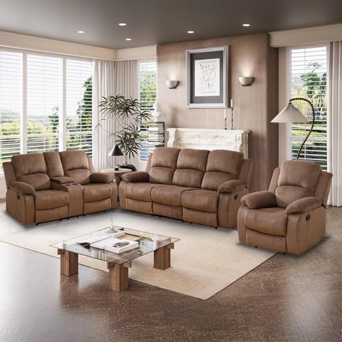 Toseslo Manual Reclining Couch Sofa Set with Drop-Down Table, 3 Pieces Brown Corduroy Recliner Couch Sets, Living Room Furniture Sets, Recliner Sofa with Storage Console/Cup Holder for Home/Apartment