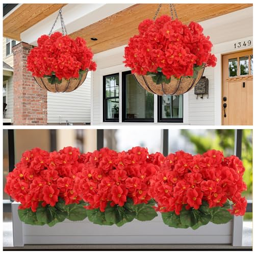 LEIMEND 6 Bouquets Artificielle Géranium Fleurs Artificielles Exterieur Fausses Fleurs et Fausses Plantes Résistant aux UV pour Décoration de Balcon...