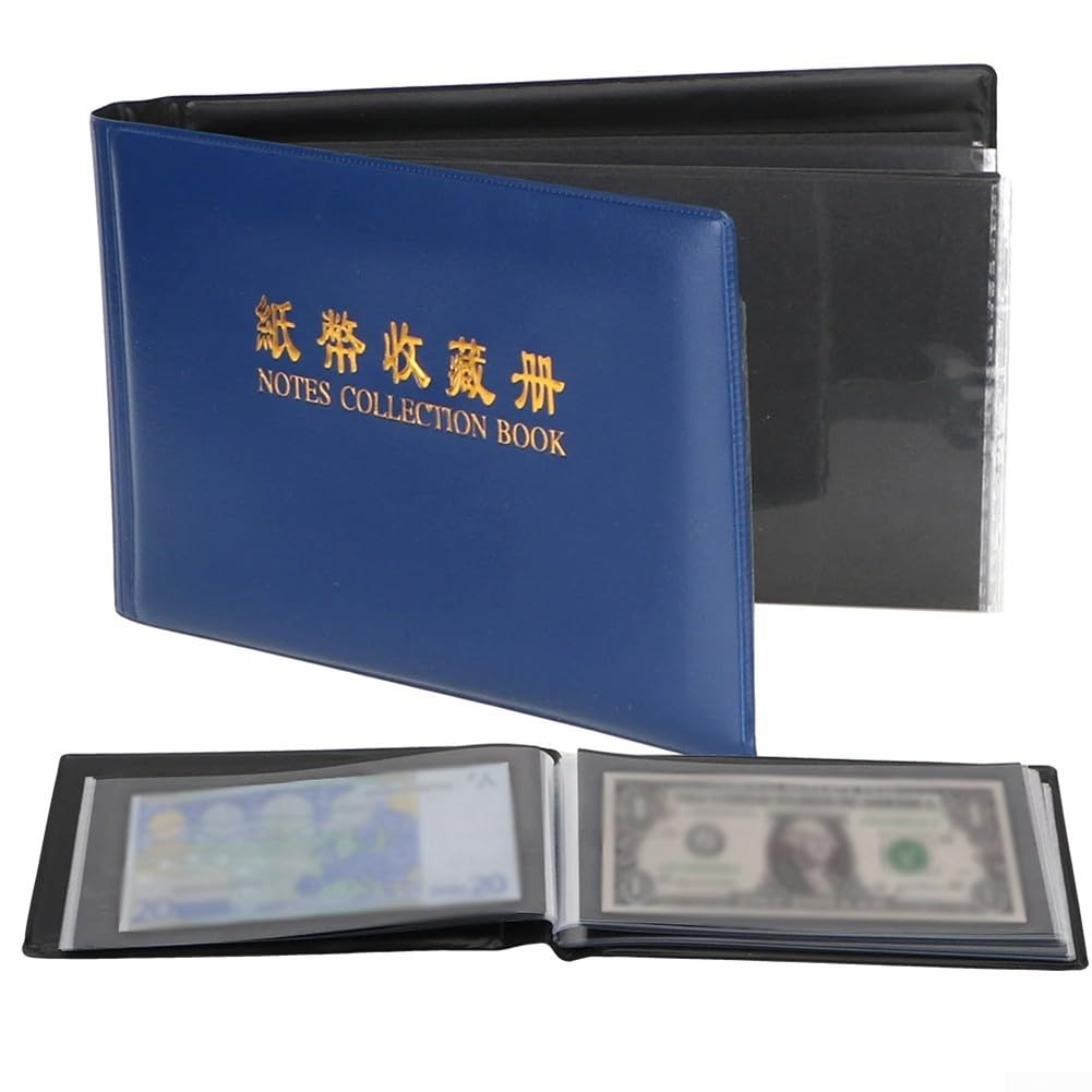 Honseadek Colección de 30 páginas transparente – Carpeta de bolsillo para billetes de banco para álbum de notas Bindi (21 x 12,5 cm) Documentos de plástico resistente con ribete de cuero (Negro)