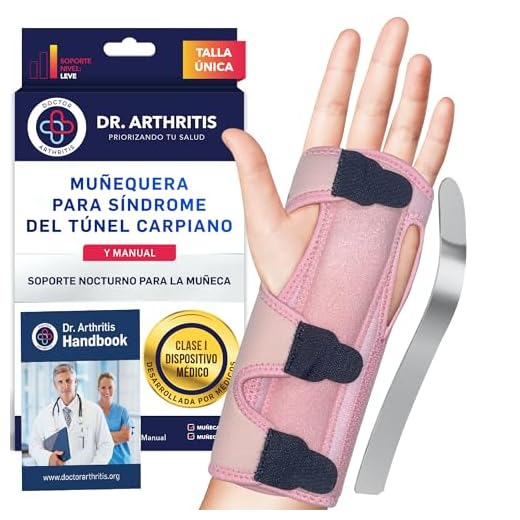 Muñequera Túnel Carpiano con Férula Desarrollada por Médicos - Muñequera Metacarpiana Nocturna Ajustable a Cualquier Tamaño con Almohadilla para una Mayor Comodidad - Libro Manual Incluido [Rosa]