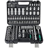 Ginour 138-teiliges Steckschlüsselsatz, 1/4" & 1/2" Ratschenschlüssel, Steckschlüssel, Bitsatz, Verlängerungen & Adapter – Komplettes Werkzeugset für Auto & Heimwerker