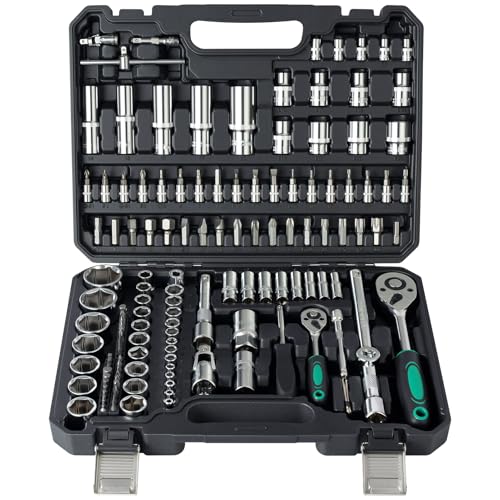 Ginour 138-Piece Socket Wrench Set, 1/4, 1/2 Drive Socket Set with Quick Release Ratchets, Sockets, Bits, Extensions, Adapters – CR-V Metric Tool Set for Car Repair, Bicycle,DIY