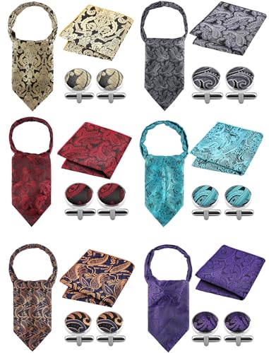 Toulite 6 Set Ascot Ties for Men Silk Paisley Floral Ascot Cravat Handkerchief Cufflinks for Wedding Business Party