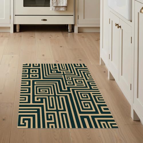 ODIKA Flatwoven High Traffic Area Rug 3x5, Interlocking Greek Key Maze Featuring Midcentury Modern Flair, Non Slip, Stain Resistant, Washable Area Rugs for Living Room, Bedroom (Green, 3x5)