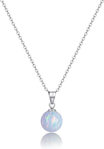 Sterling Silver Opal Necklace for Women Dainty 10mm Round White Opal Necklaces Handmade Opal Jewelry for Women