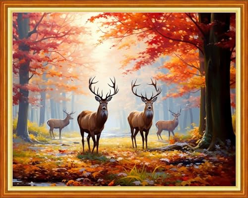 Image of Dooxvey Adults Cross Stitch Kit - Late Autumn Elk 16x20 inch Pattern