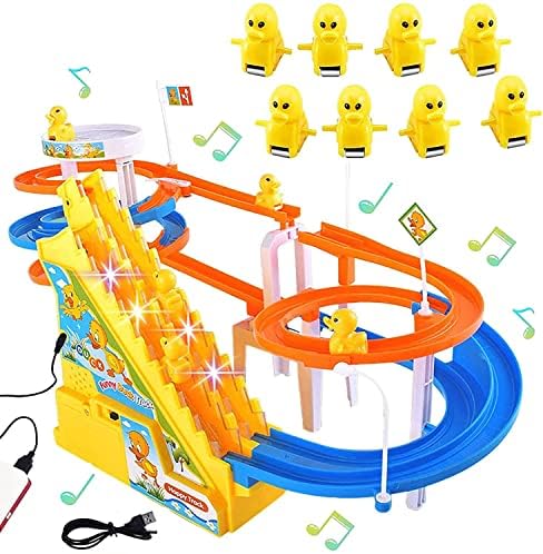 Small Ducks Climbing Toys, Electric Ducks Chasing Race Track Game Set, Playful Roller Coaster Toy with 8 Duck LED Flashing Lights & Music Button, Fun Duck Stair Climbing Toy for Toddlers and Kids (C)