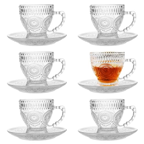 binsakao Glass Tea Cups and Saucers Set of 6 - Vintage Coffee Mugs - Teacups Set for Espresso Cappuccino Latte Tea - Dishwasher Microwave Safe 210ML