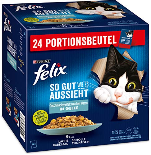 Felix Katzennassfutter So gut wie es aussieht in Gelee Geschmacksvielfalt aus dem Wasser, 4er Pack (4 x 24 x 85 g )Portionsbeutel