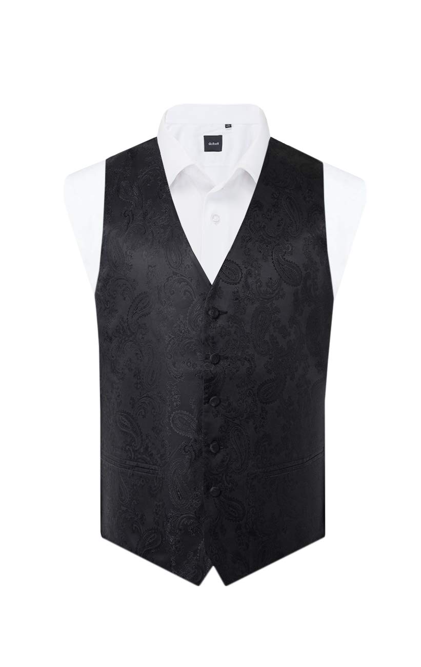 Dobell Men's Black Paisley Waistcoat Regular Fit 5 Button Wedding-L (42-44In)