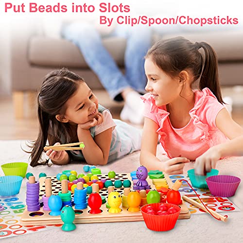 13 in 1 Montessori Wooden Toy for Toddlers, Shape Sorting & Stacking Toys Gift for Baby Boys Girls Age 3+ Years old - Bead Counting Fishing Game for Kids Preschool Math Learning Fine Motor Skills Game