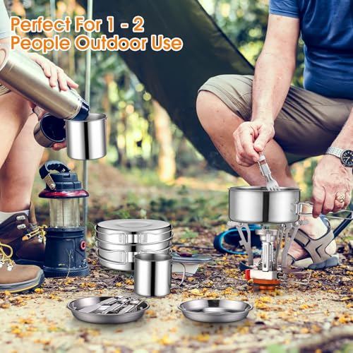 Funnymoom 15 Pcs Camp Cooking Set Stainless Steel Camping Cookware Mess Kit with Pot Pan and Stove 2 Set Stainless Steel Cups Plates Forks Knives Spoons for Camping Backpacking Outdoor Cooking Picnic - Thumbnail 7