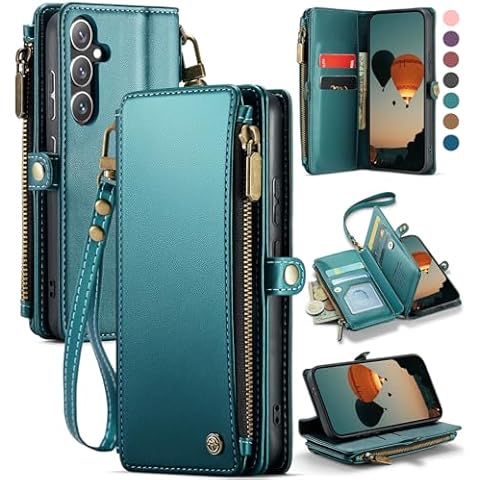 Defencase Compatible with Samsung Galaxy S24 Case Wallet with RFID Blocking Card Holder for Women Men, PU Leather Magnetic Snap Flip Zipper Strap Wallet Phone Case Fit for Galaxy S24 5G 6.2", Green Cover