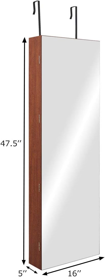 GOFLAME Lockable Jewelry Cabinet Armoire Wall Door Mounted, Frameless Mirror Jewelry Storage Organizer with Spacious Storage Space, Hanging Jewelry Box Cabinets (Brown)