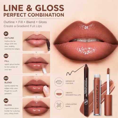Image of 2PCS Lip Gloss with Brown Lip Liner Lip Combo Set - Caramel Latte Soft Brown Nude Shade for Chic Daily Makeup, Lip Plumping Effect, High Shine Gloss Finish, Overlined Lips for Fuller Looking Lips