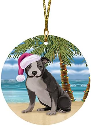Summertime Tropical Island Beach American Staffordshire Dog Round Flat Ornament - Pet Decorative Hanging Ornaments for Christmas X-mas Tree Decorations - 2.75" Round Christmas Ornament POR1599