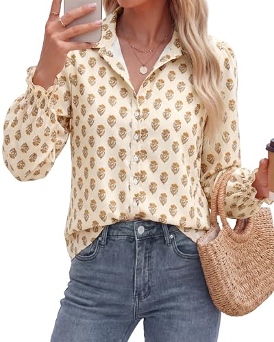 BTFBM Long Sleeve Blouses for Women, Floral V Neck Button Down Shirts, Smocked Cuffs, Business Casual Summer Outfits 2026(Floral Apricot Yellow, X-Large)