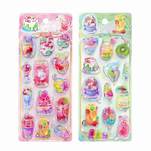 ウォーターシール 2枚セット キラキラ かわいい 水入りシール ぷくぷく3D 立体 DIY用 手帳用 日記帳用 携帯電話飾 女の子 可愛い カラフル ノート 誕生日 手芸用品 贈り物 ギフト (スタイルA)