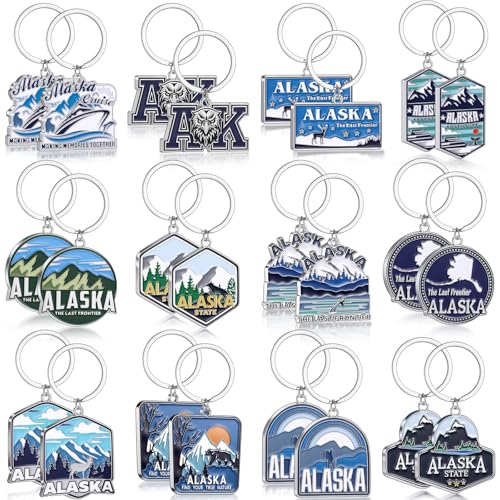 Landical 24 Pcs Alaska Souvenir Metal Keychains Gifts Bulk Alaska Travel Key Chain Travel Gift for Women Men Friend Party Favors