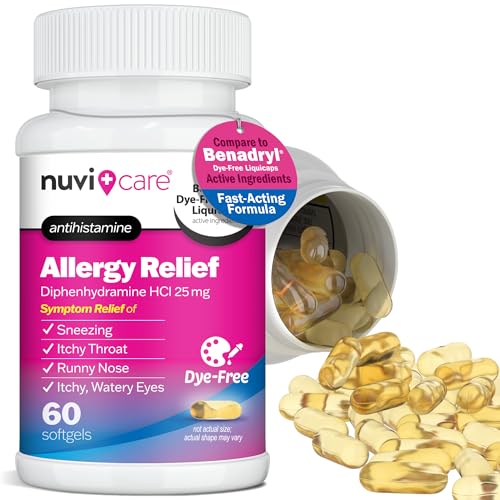 NUVICARE Allergy Relief Softgels Dye-Free Diphenhydramine 25mg Antihistamine Meds for Runny Nose Sneezing Itchy Eyes & Throat Compare to LiquiGels Allergy Medicine for Adults (60 Count)