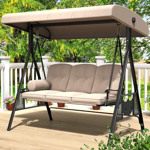 AECOJOY Outdoor Porch Swing, 3-Seat Porch Swing with Adjustable Canopy,