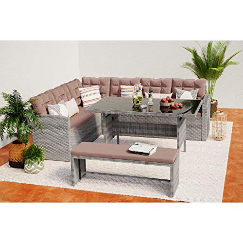 CONCEPT USINE | Salon de Jardin Angle Résine Tressée 8 Personnes | Moorea Salon Gris Clair Coussin Café | 1 Table Haute Plateau Verre + 2 Canapés + 1 Banc...