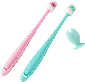 Kit Escova Dental 360° para Gatos e Cães Pequenos com Cerdas de Silicone Suave, Limpeza Profunda Antitártaro, Cabo Ergonômico, Acompanha Tubo Higiênico + Base de Silicone