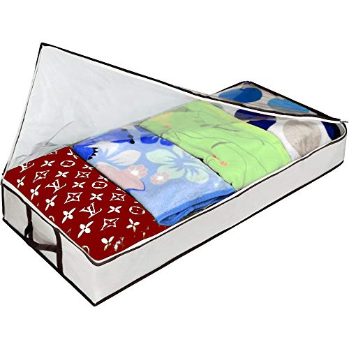 Ziz Home Zippered Under Bed Storage Bag 2 Pack | Soft Breathable Anti-Mold Fabric | Used for Underbed Clothes Storage Linen Storage Blanket Storage Sweater Storage Duvet Storage Bins Clear Window