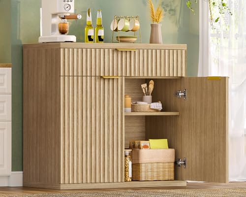 Image of TEENFON 31.5 inch W Fluted Buffet Cabinet with Storage, Sideboard Cabinet, Coffee Bar Cabinet with 2 Doors and Adjustable Shelf for Living Room, Kitchen, Entryway, Natural