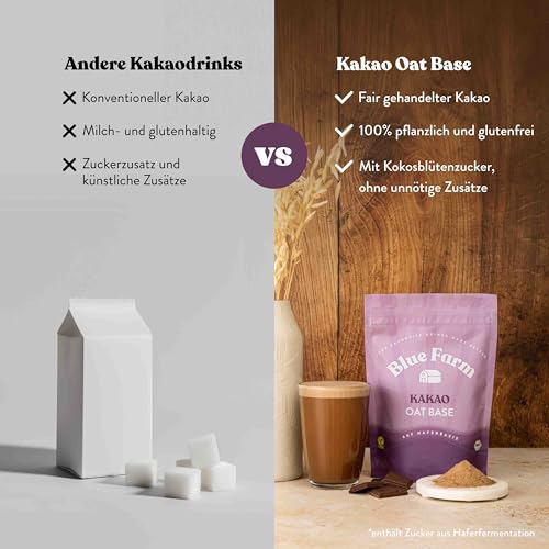 Blue Farm Oat Base Kakao – Kakao Drink auf Haferbasis – 100% echter Kakao – Vegan & natürlich – Mit natürlichem Kokosblütenzucker – Laktosefrei – 90% weniger Verpackungsmüll