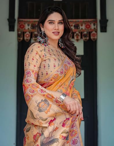 Image of SIRIL Women's Cotton Linen Printed Handloom Saree with Unstitched Blouse Piece