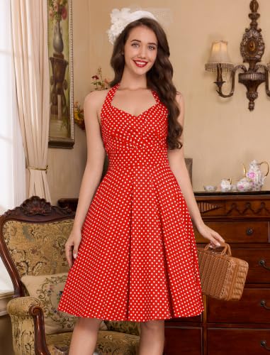 Image of 1950s Dresses for Women Vintage Retro Cocktail Party Swing Dresses Halter Floral Rockabilly 50s Polka Dot Pin up Dress