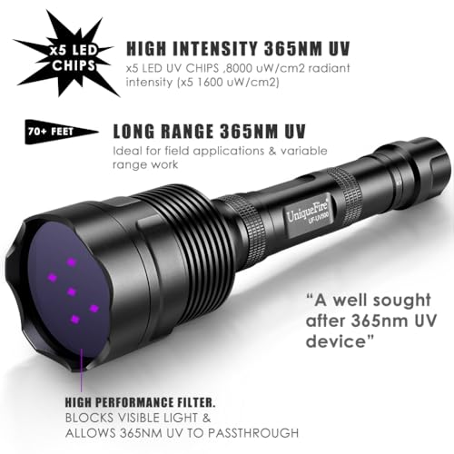 Image of Black Light UV Flashlight with 5 LEDs Professional UV Light, 50W Powerful Blacklight Flashlight for Pet Urine Finding & Mineral, Antique Detection, Scorpion Search, etc (365nm)