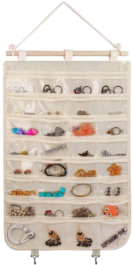 BB BrotradeHanging Jewelry Organizer,32 Clear PVC Pockets Wall Jewelry Storage with 2 Metal Hooks for Holding Jewelries