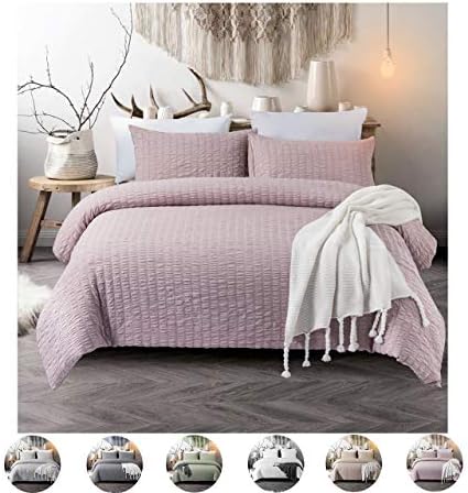 3 Pieces Lavender Bedding Seersucker Duvet Cover Set Seersucker and Purple Washed Microfiber Reversible Design Purple Pink Ruffle Bedding Queen 1 Duvet Cover 2 Pillow Shams (Queen, Lavender Purple)