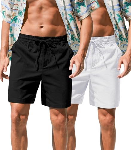Image of RQP Mens Cotton Linen Shorts Casual Drawstring 7inch Inseam Shorts Stretch Summer Beach Wear
